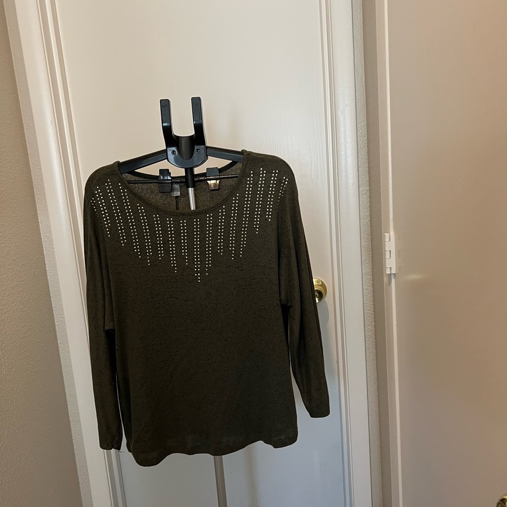 Olive Green Long-Sleeve Scoop Neck Top with Stud Detail